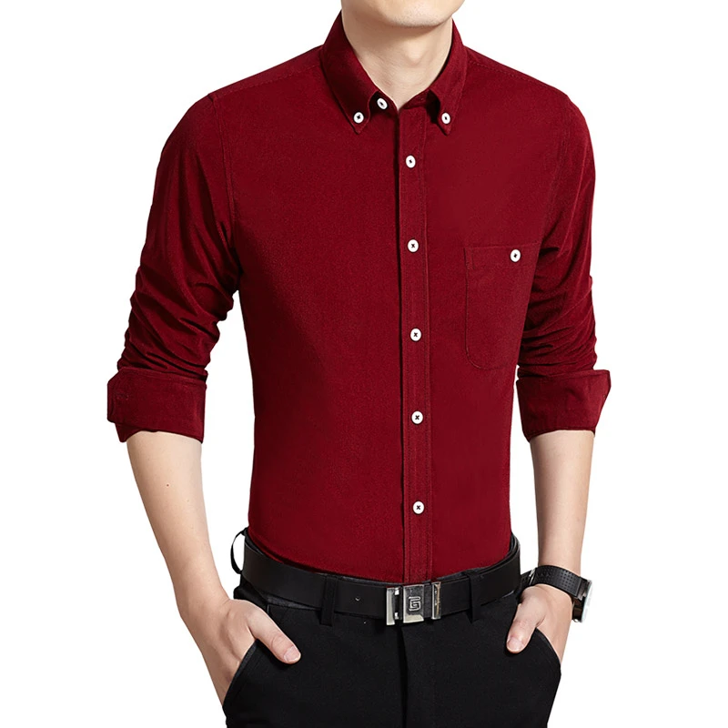 Высококачественная Мужская рубашка, белая, с длинным рукавом, черная, повседневная, приталенная, мужская, деловая, светская, офисная, одноцветная, Вельветовая - Цвет: Красный