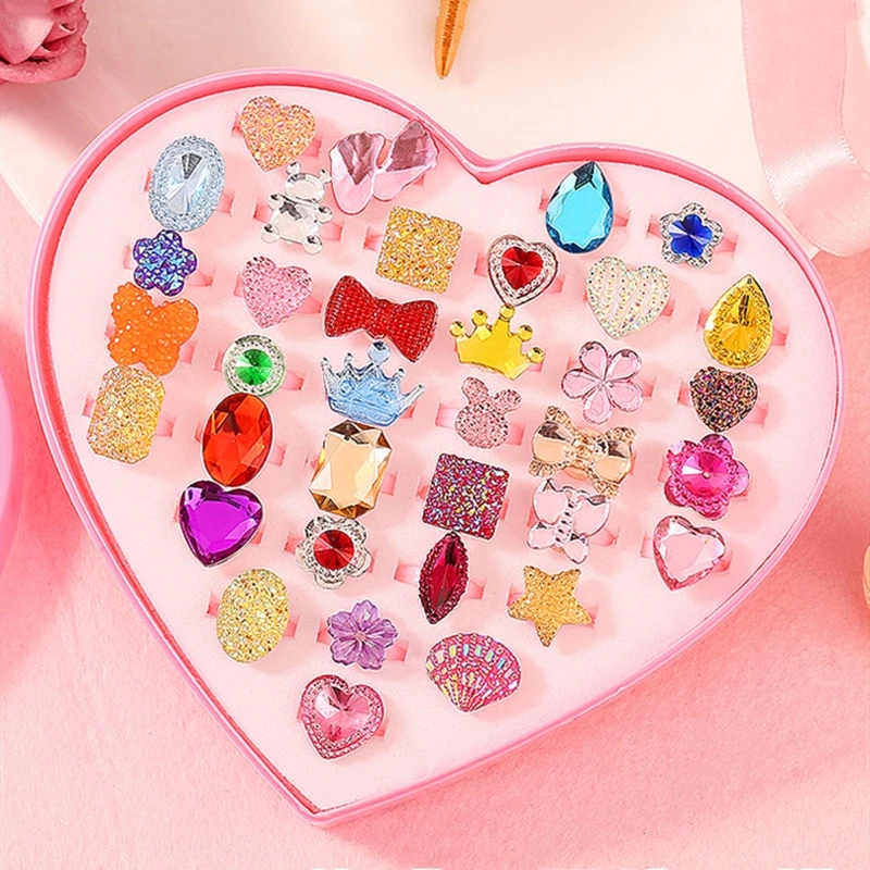 36 Uds niños niña pequeña regalo, joyas anillos ajustables en caja, niña simular jugar y vestir anillos, forma aleatoria y Col