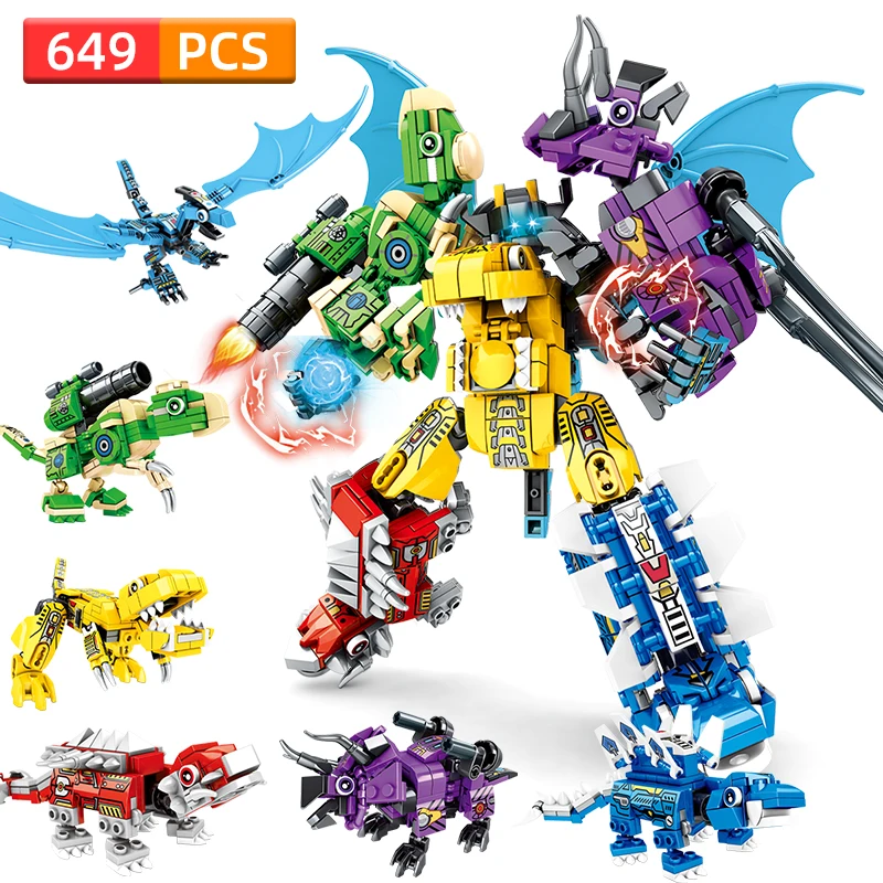 

649pcs Dinosaur Blocks 6in1 Transformation Robot Building Block Pterodactyl Tyrannosaurus Model Creator Animals Toy For Children