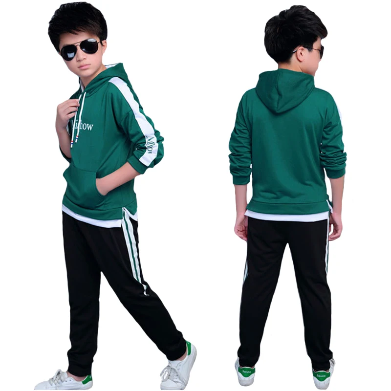 Одежда для мальчиков футболка с капюшоном и длинными рукавами и принтом в виде букв, куртка и штаны спортивный комплект из двух предметов для детей 4-11 лет, качественная одежда - Цвет: Photo Color