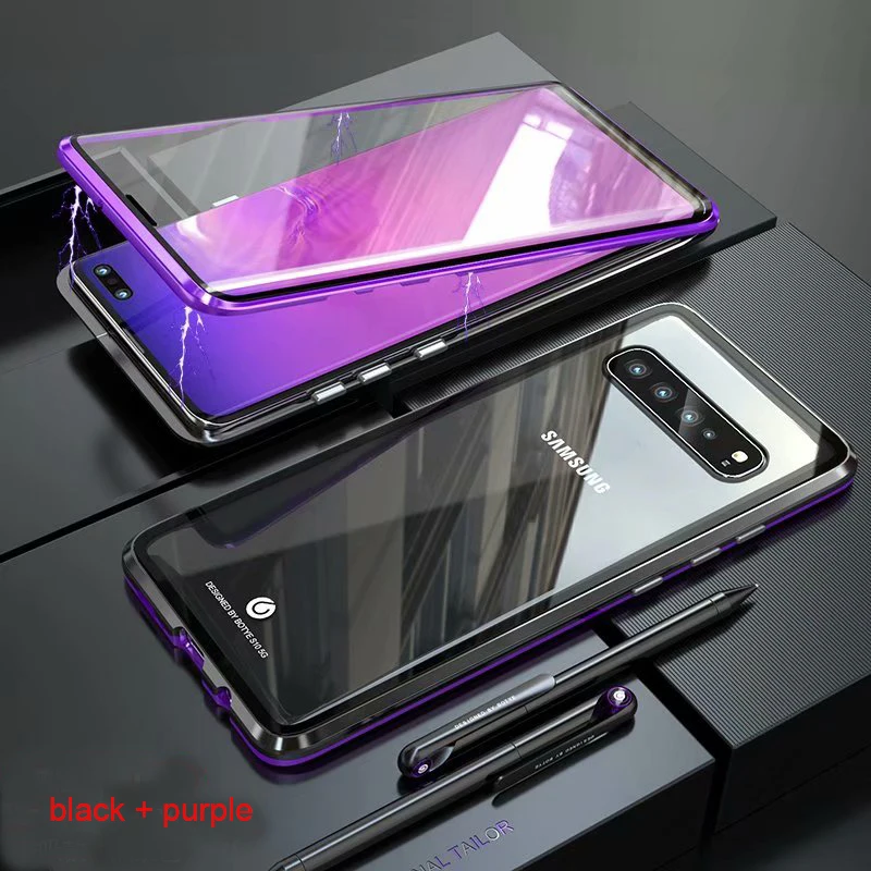 Чехол для телефона samsung S8, S9, S10, E, 5G, Note 8, 9, 10 Pro Plus, металлический чехол, боковое стекло, 360, защитный, противоударный - Цвет: black purple