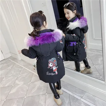 

Baby Girls' winter coat thickened parka 4-13 years Cartoon Embroidered Big Pockets colorful Fur Collar Hooded Cotton Jacket