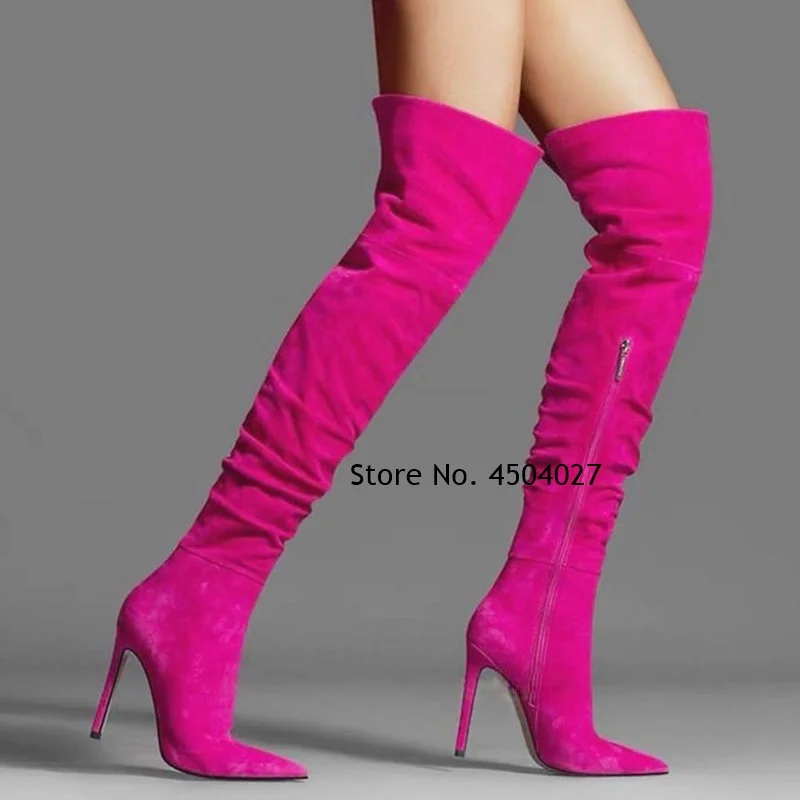 Fuchsia Pink Suede Over The Knee Boots Thin High Heel Pointed Toe Thigh  High Boots Sexy Black Fall Winter Dress Shoes