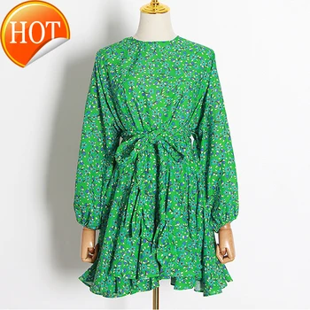 

Dress Women Floral Print Summer Long Sleeve Lace Up Bowknot High Waist Sashes Mini Dress
