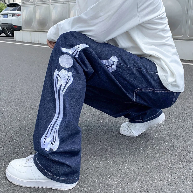 

Men Skeleton Printed Jeans Oversized 5XL Straight Blue Jean Pants 2022 Mopping Trousers Mens Streetwear Hip Hop Denim Pants