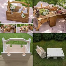 Wooden Folding Table Portable Outdoor Beach Camping Garden Furniture Picnic Desk Tea Wine Glass Holder Storage Basket Burlywood