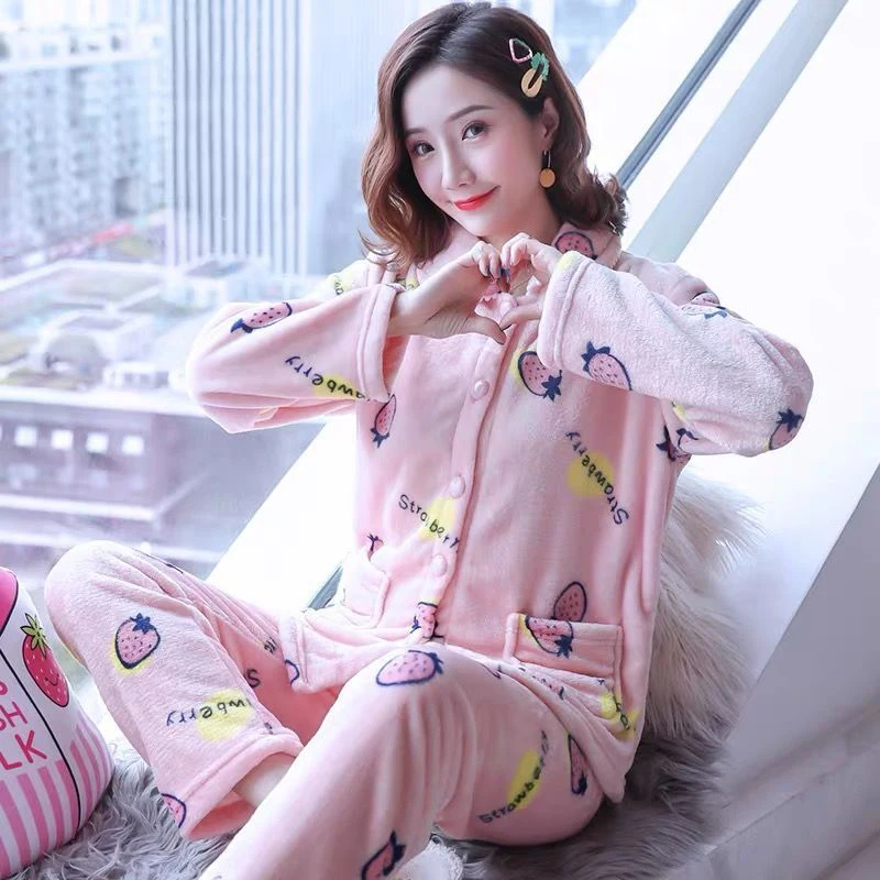 

Pajamas Set Women Winter Coral Fleece Cute Autumn And Winter Thickening Korean Flannel Warm Cartoon Plus Size Home Service Suit