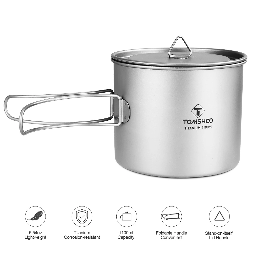 Tomshoo 1100ml Titanium Mug Outdoor Camping Picnic Water Cup Camping Tableware Cookware w/ Lid Camping Accesorios Cookware Camp 4