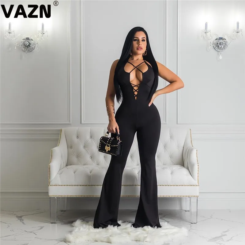 VAZN WDL6602 продукт лето сексуальная леди 3 цвета кружевное белье длинный комбинезон сексуальные однотонные расклешенные брюки сексуальный клубный комбинезон