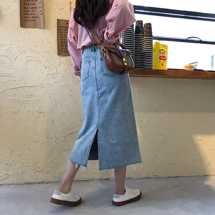 Весенне-летние синие джинсовые юбки женские с высокой талией размера плюс с разрезными карманами длинная джинсовая юбка женская повседневная юбка средней длины faldas