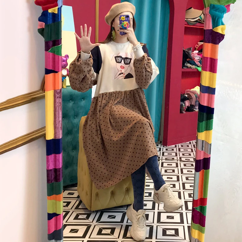 SHENGPALAE корейское модное свободное платье большого размера Vestidos с круглым воротником и длинным рукавом с мультяшным принтом, лоскутное женское платье FV985