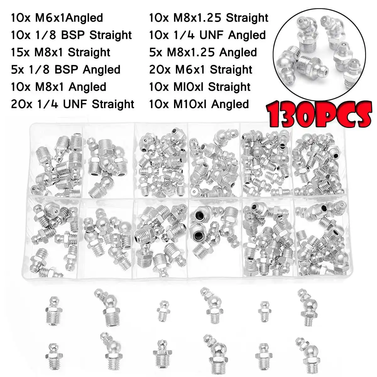 130x смазочный ниппель метрический M6/M8/M10 BSP ФООН 45 ° 90 ° 180 ° оцинкованый метал ассорти в коробке из смазочные ниппели гальванизация