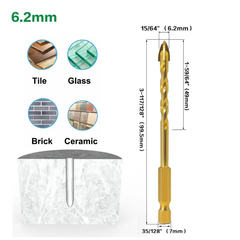 

5pcs Hex Shank Titanium Drill Bit Carbide Tile Glass Cross Spear Head Drilling 831F