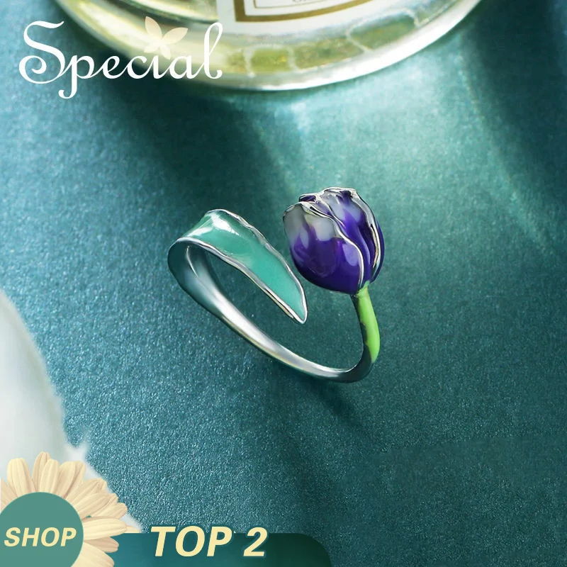 Кольцо женское эмалированное с цветком и тюльпаном S1720R|jewelry gift|ring sizeopen ring |