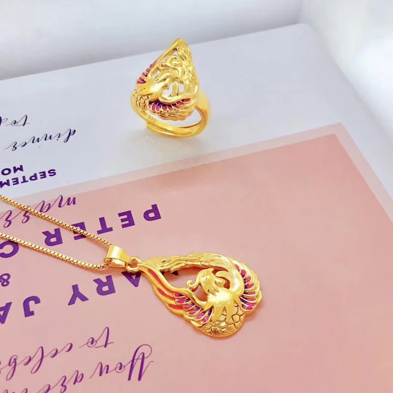ring necklace set OMHXFC,, YM149, Европейская мода, прекрасный подарок на день рождения, свадьбу, день рождения, подарок Феникс, 24 карата, золотое ожерелье+ кольцо, ювелирный набор - Цвет камня: ring necklace set