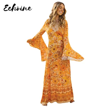 

Echoine Sexy Yellow Majesty Bohemia Sunflower Flower Long Women Dress V Neck Flared Sleeve Push Up Vintage Dress Vestidos Mujer