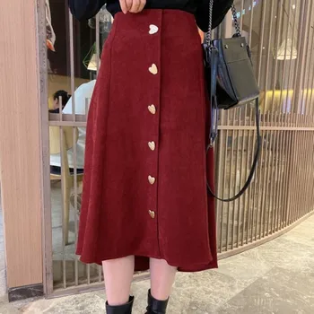 

Women winter elegant skirts vintage faldas high waist pocket buttons office ladies long skirts