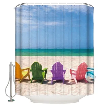 

Colorful Beach Chair On White Sand Beach Polyester Hook Shower Curtain for Bathroom Decoration