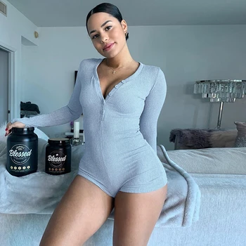 

Sexy Women V Neck Stretch Bodycon Button Leotard Jumpsuit Tops Romper Shorts Fashion Solid Deep V Neck Playsuits