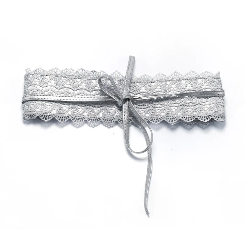 Silver Black White Wide Corset Lace Belt Female Self Tie Obi Cinch Waistband Belts for Women Wedding Dress Waist Strap 220cm - Color: Silver