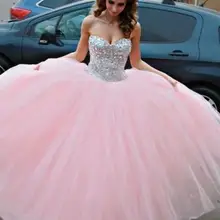 Розовый Бальные платья бальное платье Милая Тюль бисером кристаллы Дешевые сладкий 16 платье
