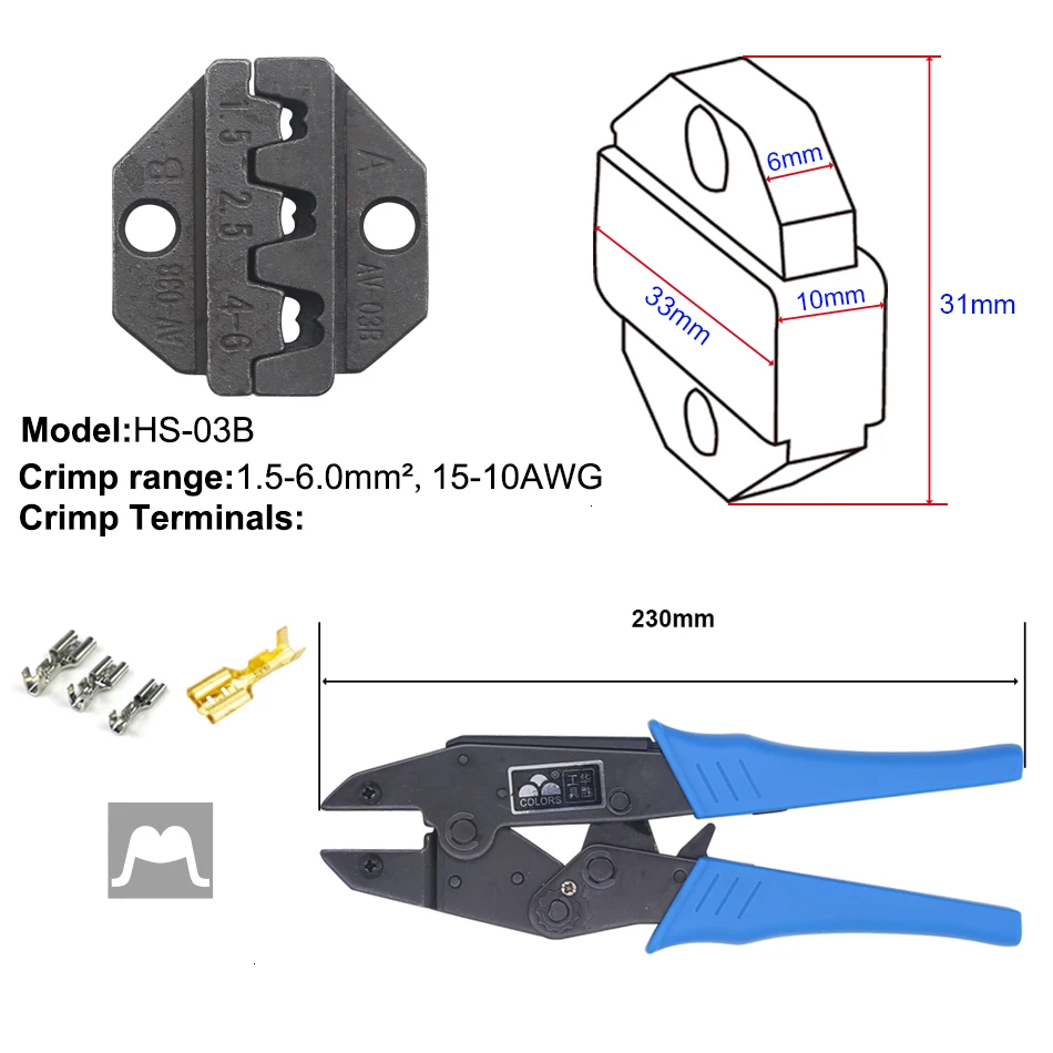 Инструмент для обжима, инструмент для обжима проволоки и сменные штампы для термоусадочных разъемов, не изолированный наконечник, клеммы - Цвет: HS-03B