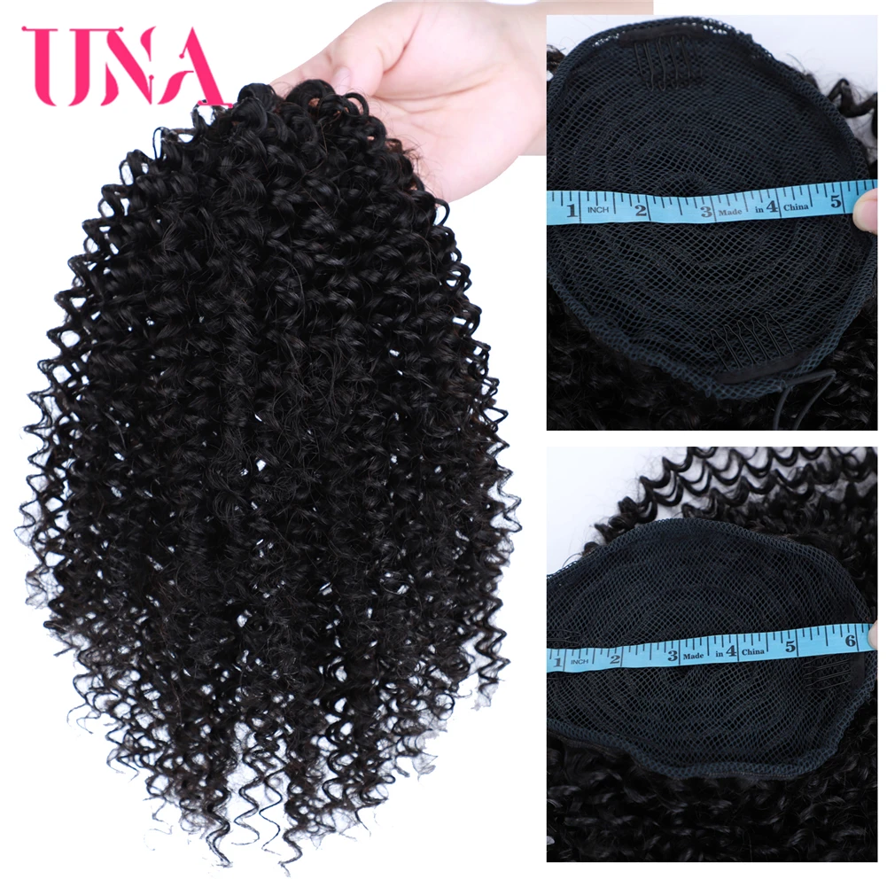 UNA 18" Brazilian Human Hair Drawstring Ponytail Afro Kinky Curly Hairpiece With Two Plastic Combs Natural Black Hair Extensio