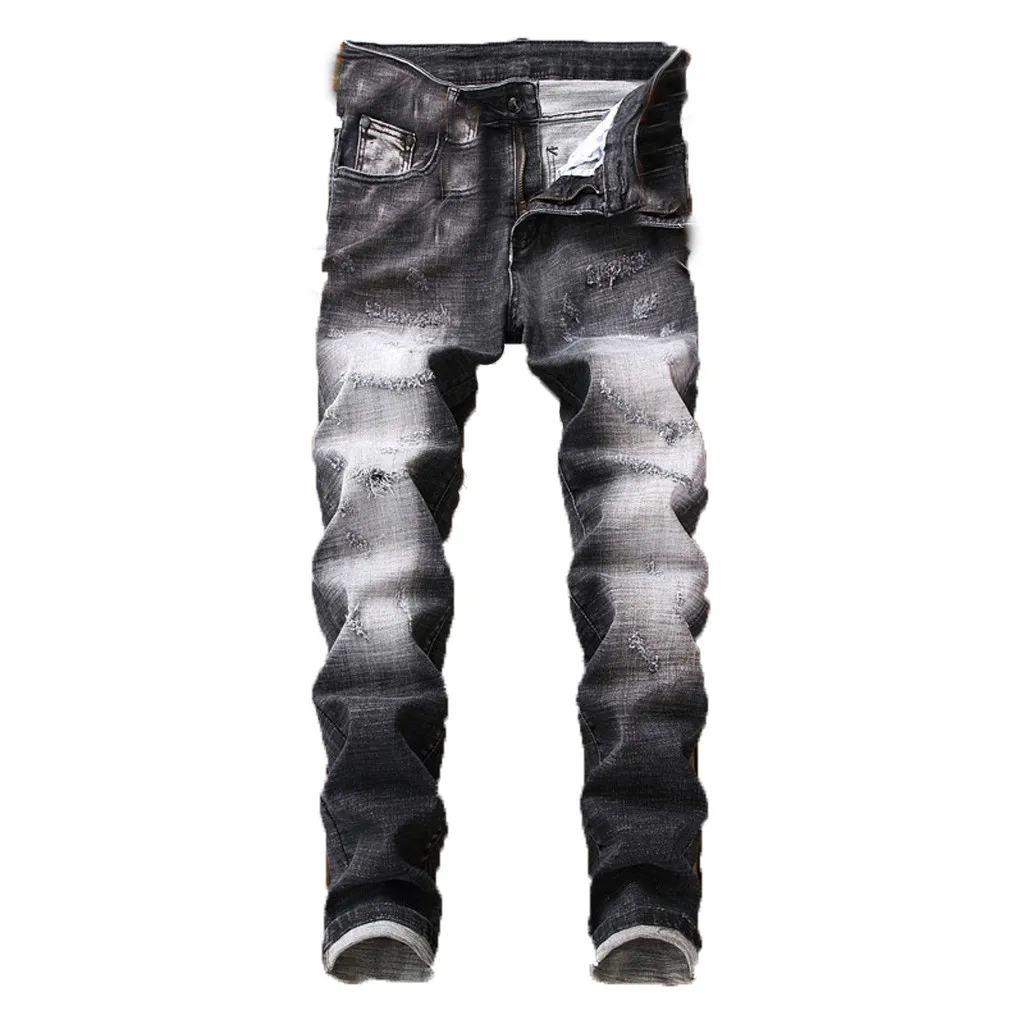 KLV Men Ripped Hole Skinny Denim Jeans Hip Pop Pants Trousers Sweatpants Streetwear Men Pencil Pants Trousers Hombre 9729 - Color: Black