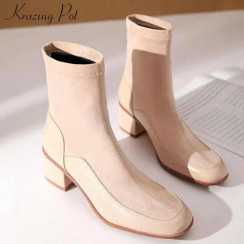 

krazing pot patchwork soft sheep suede cow leather round toe high heels winter daily wear basic keep warm women ankle boots L66