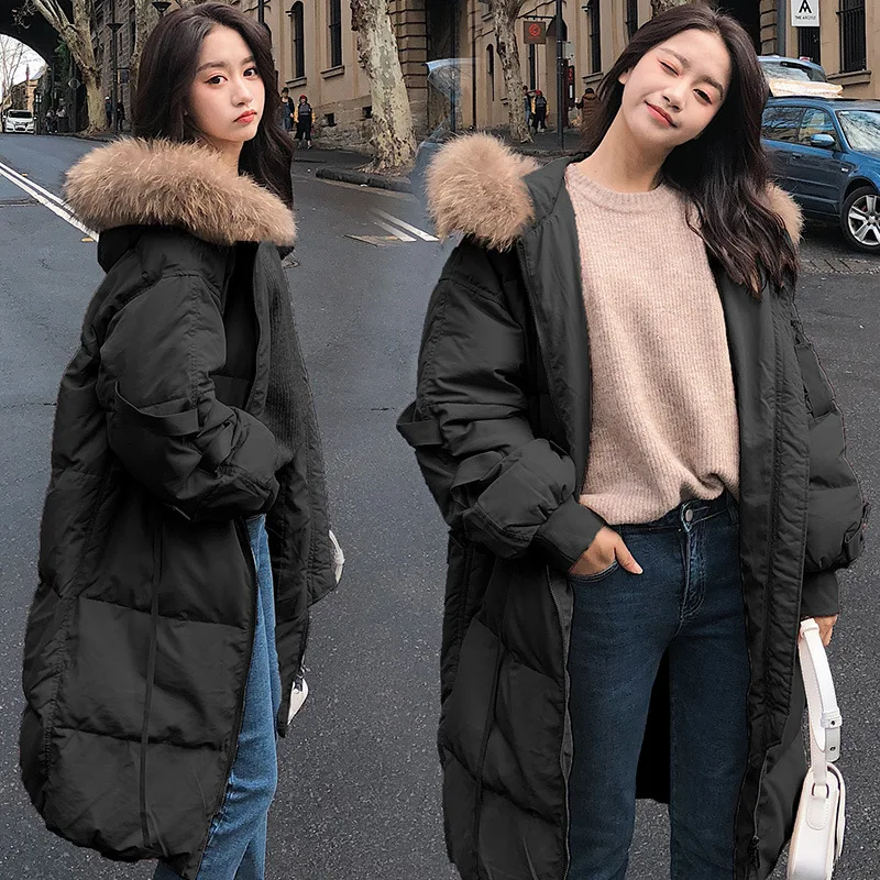 

Cotton Coat Women's 2019 Korean-style Loose-Fit Slimming Fashion Large Fur Collar Cotton-padded Clothes Mid-length over-the-Knee
