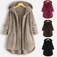 Casaco feminino de lã irregular com bolso de botão, sobretudo para mulheres com capuz, outono e inverno 2021