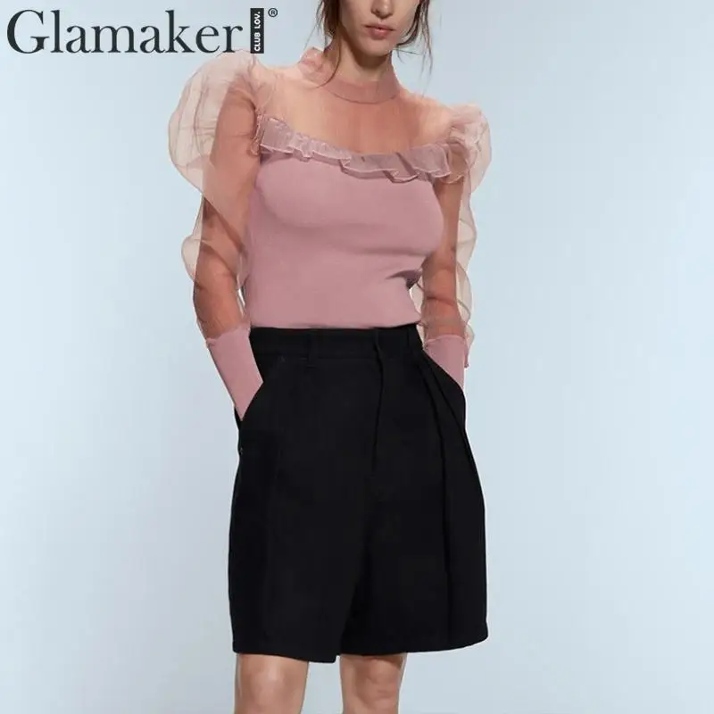 Glamaker, вязаная Лоскутная Блузка с оборками и круглым вырезом, элегантная женская сетчатая блуза с длинным рукавом-фонариком, Женская осенне-зимняя Сексуальная Блузка