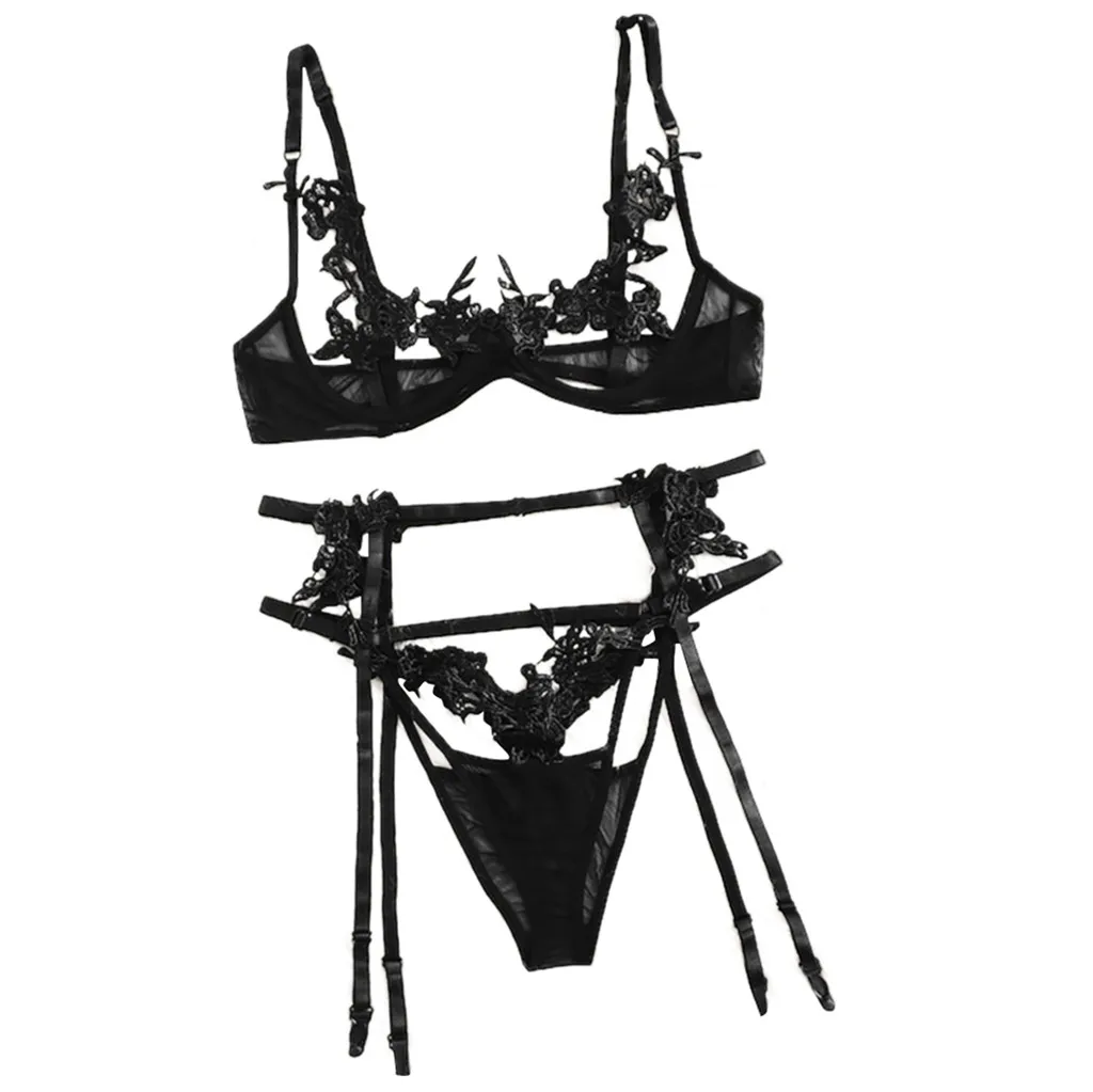 Черный KANCOOLD, женское сексуальное белье, кружева, Babydoll, открытый бюстгальтер, набор, стринги, нижнее белье, ночное белье, наборы бюстгальтер+ трусы - Цвет: Черный
