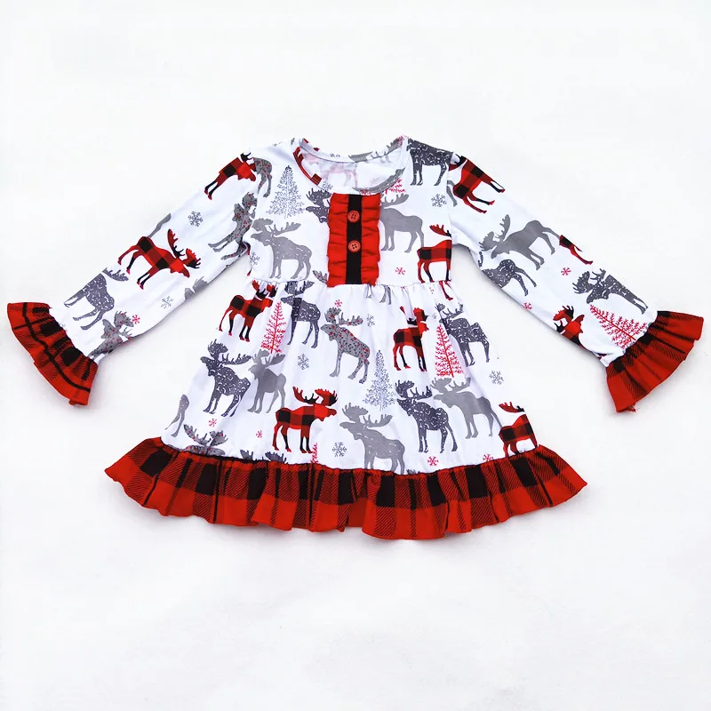 Изысканное рождественское платье для маленьких девочек; платье в клетку с оленем и рюшами; Детские платья с длинными рукавами; рождественские платья для девочек
