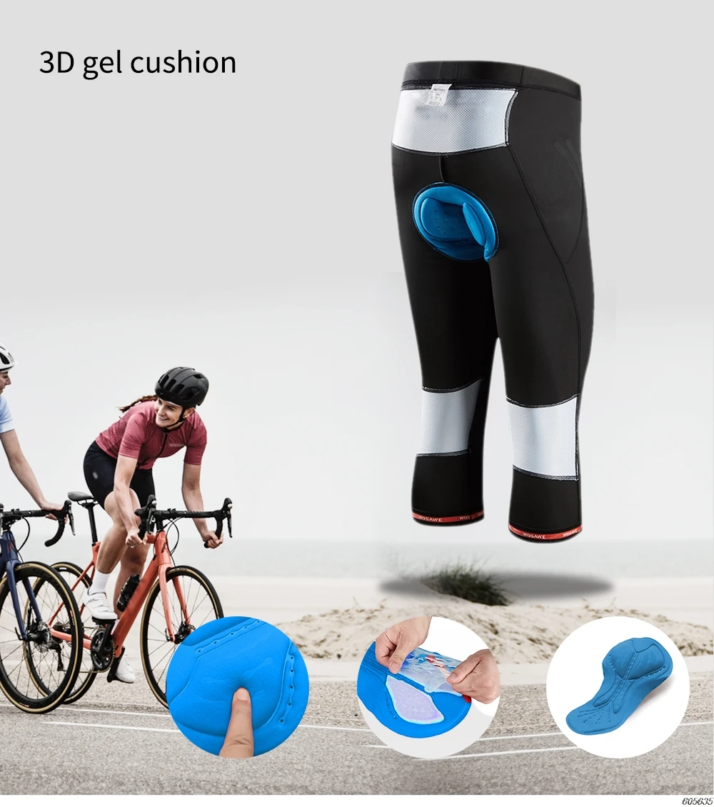 WOSAWE Men's Cycling Cropped Pants Calf-Length Reflective Bike Tights Clothing 3D Gel Padded Riding MTB Spinning Bicycle Shorts