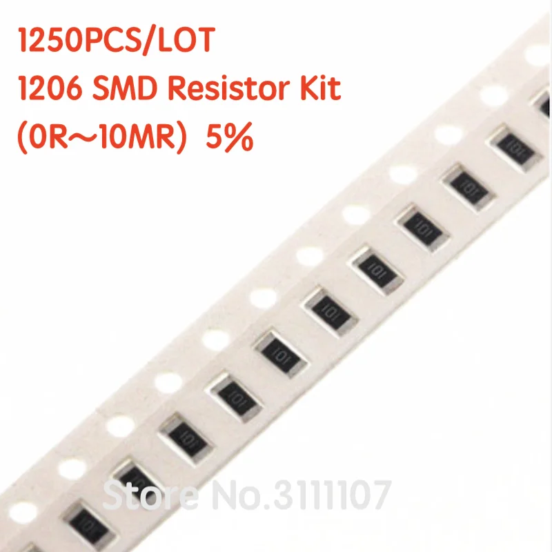 

1250PCS/LOT 1206 SMD Resistor Kit (0R~10MR) 5% Chip Resistance Assorted Set 100%NEW 50 Kinds Each 25PCS