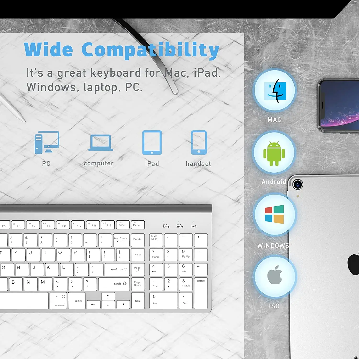Wireless Bluetooth Keyboard, 2.4 GHz Connection Technology, Ergonomic Design, Suitable For PC Computers (Pink--Blue--Silver)。