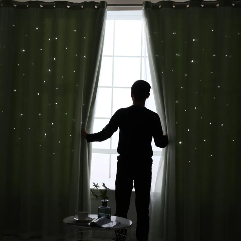 Description Picture 5 of itemDouble Layer Blackout Hollow Starry Star Curtains in the living room Lace Shade Curtain Tulle Cloth for Home Living Room Decor