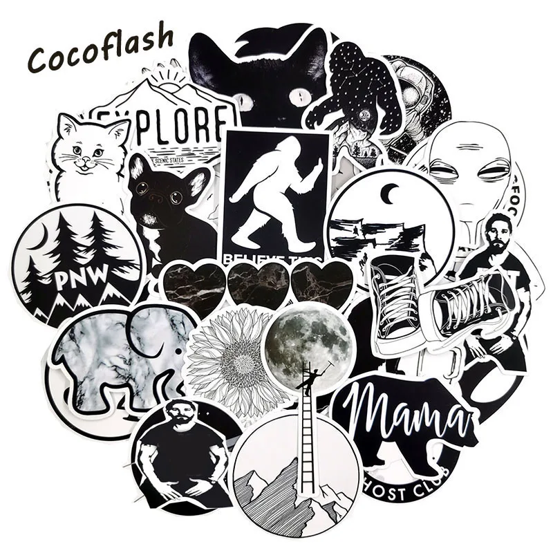 10/50pcs/lot Fashion Style Black And White Stickers Waterproof Sticker Motorcycle Skate Phone Guitar Laptop Motorcycle Suitcase