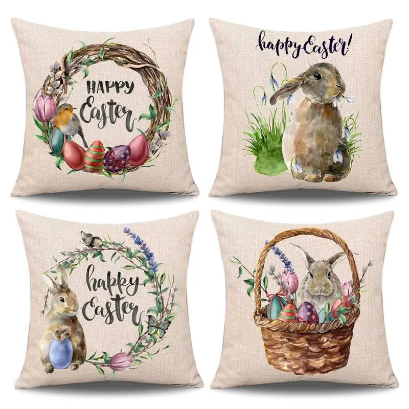 

4pcs Spring Easter Pillow Case Rabbit Bunny with Eggs Throw Cushion Cover 18in