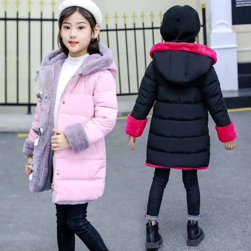  Winter Baby Girls Thick Warm Cute Coat Kid School Hooded Keep Warm long section Outwear For Girls W