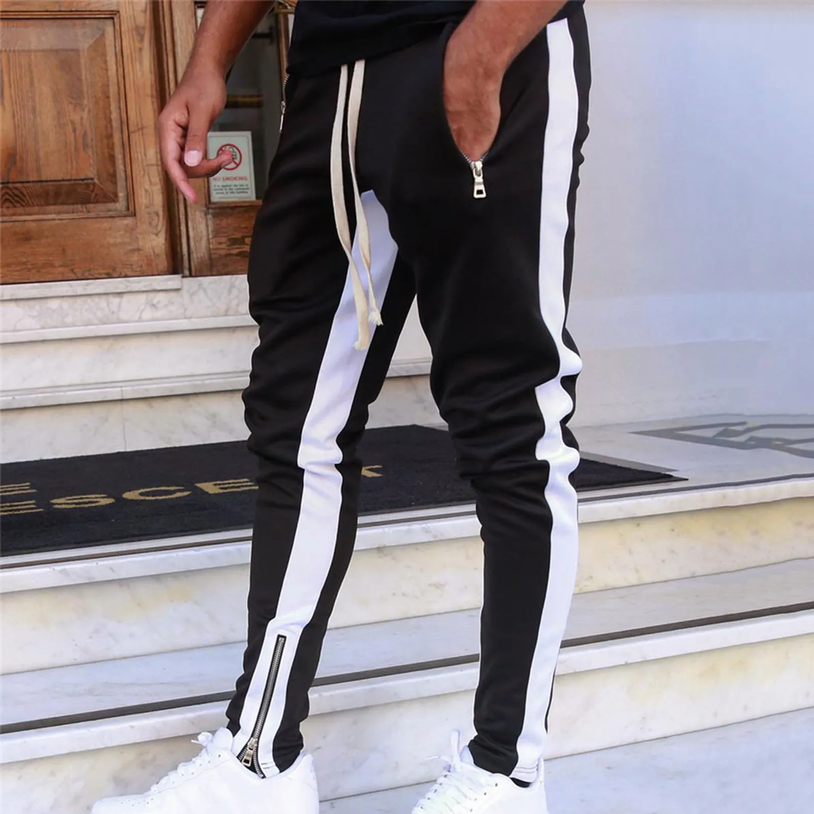 Men Pants Trousers Side Stripe Zippered Casual Men Fitness Sweatpants Sportswear Boys Joggers Harem Pants штаны мужские sport jogging trousers