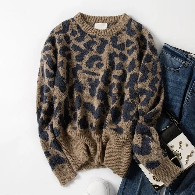 Elfbop мохера Вязание и круглой горловиной, с нашивкой в виде красивого Леопардовый свитер с рисунком пуловер-Для женщин новейший вязаный свитер с длинными рукавами для девочек - Цвет: Коричневый