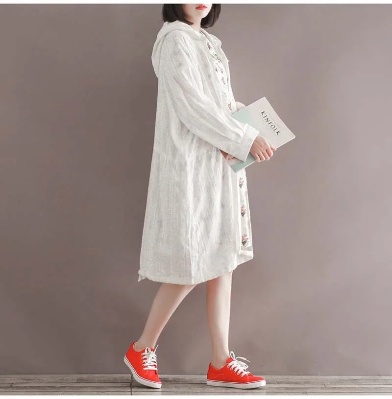 Blouses Hooded Shirt MID-Long Tops For Women White Cotton 3/4 Sleeve Loose Shirts Summer Sun-Protection