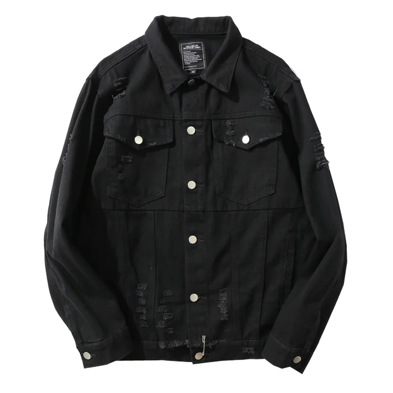 KIOVNO High Street Ripped Distressed Denim Jackets Men Pleated Black Color Jeans Jackets Outwear For Male Washed  (1)
