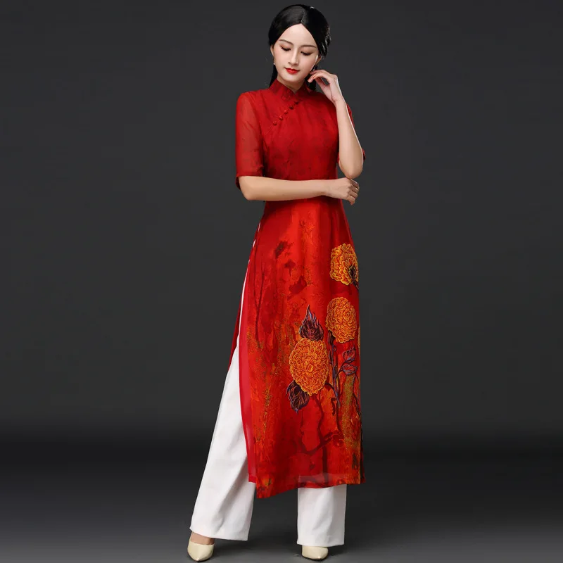 ao dai комплект азиатской одежды вьетнамская одежда ao dai вьетнамская женская шифоновая длинная одежда с коротким рукавом+ вечерние Брюки