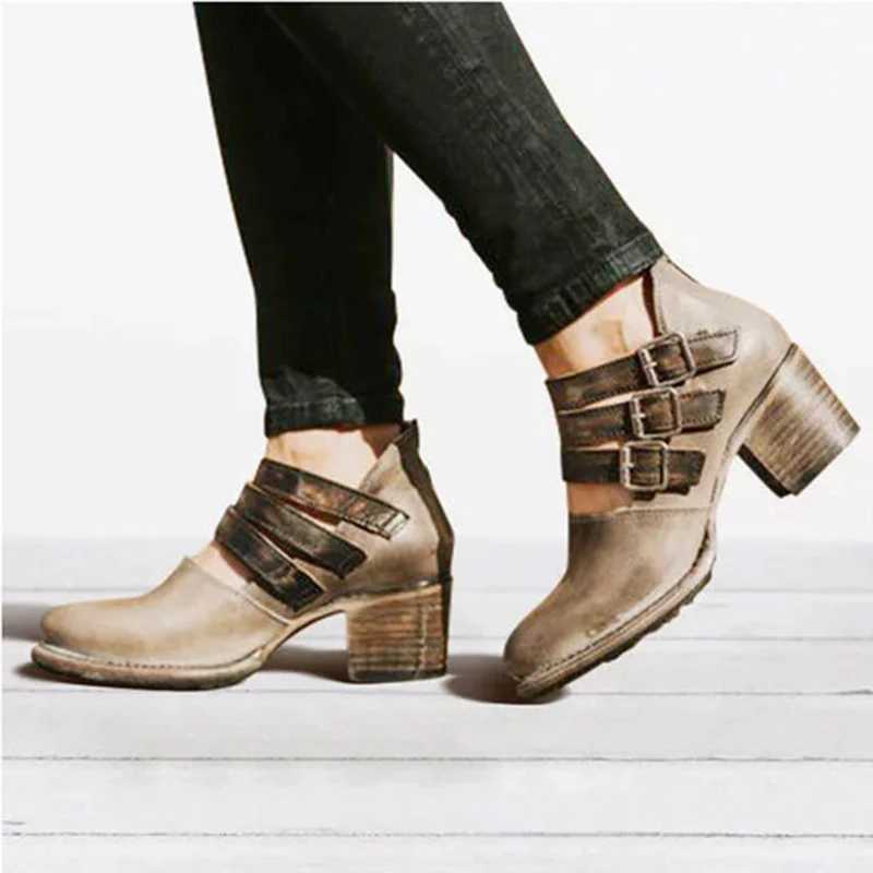 

MCCKLE Autumn Women Buckle Strap Leather Pumps Behind Zip Round Toe Ladies Mid Heels Plus Size Casual Fashion Female Shoes
