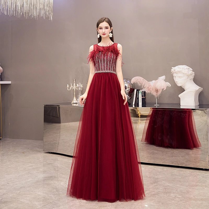 SSYFashion, новинка, высокое качество, Красное длинное вечернее платье, роскошные перья, блестки, бисер, без рукавов, для выпускного вечера, вечерние платья, Vestido De Noche - Цвет: Красный