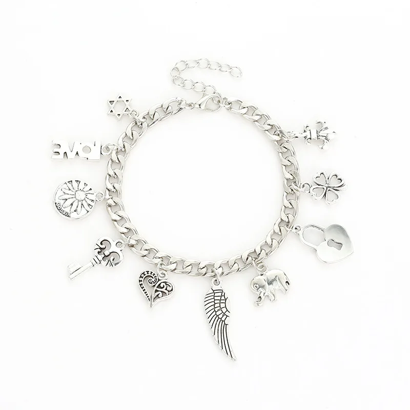 ידידות מתנה עתיק בציר כסף צבע DIY פיל אגף לב נעילת פרח מפתח כוכב תליוני קסם צמיד לגברים נשים