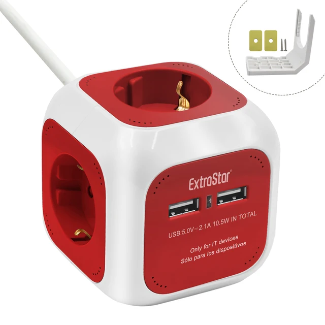 ExtraStar®Power Cube Cable 1.5 m Power Strip 4 Outputs, with 2 for USB charging 5V/2.1A, white/blue/red/mixed Red